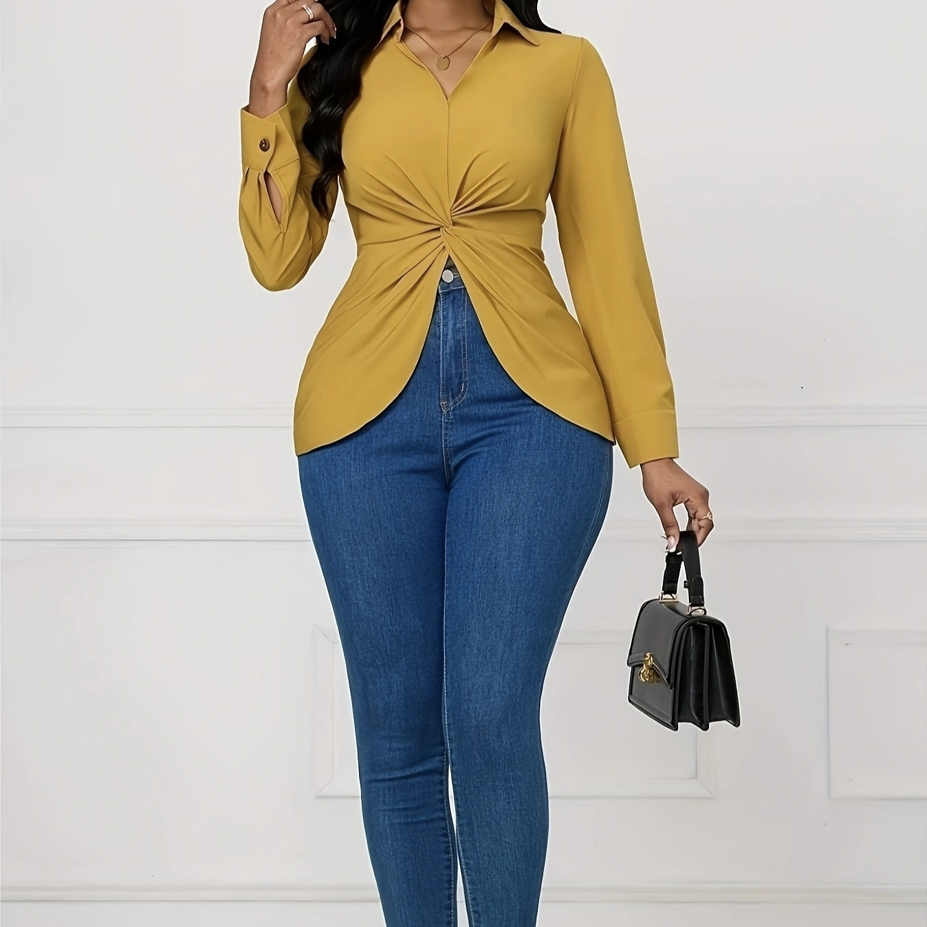 Women's Solid Color V-neck Knot Design Long Sleeved Shirt Top