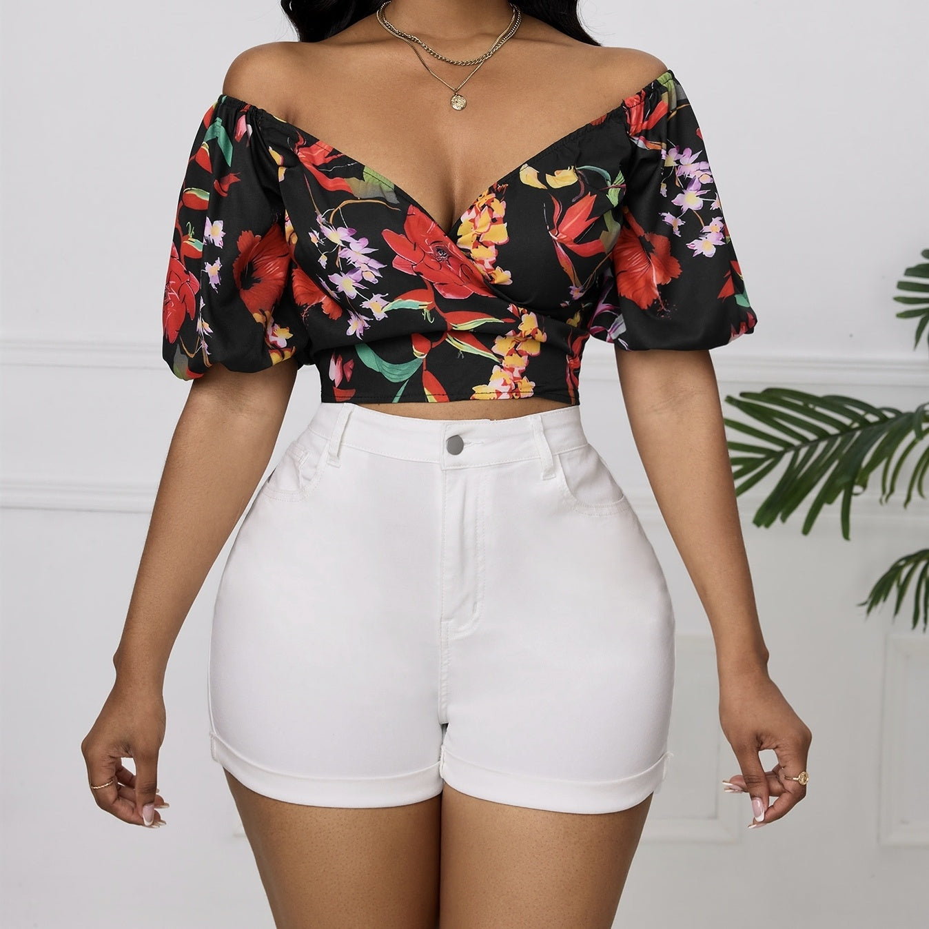 Ladies' Summer New Cross Wrapped Chest Lantern Sleeve Short Flower Printed Elegant Top