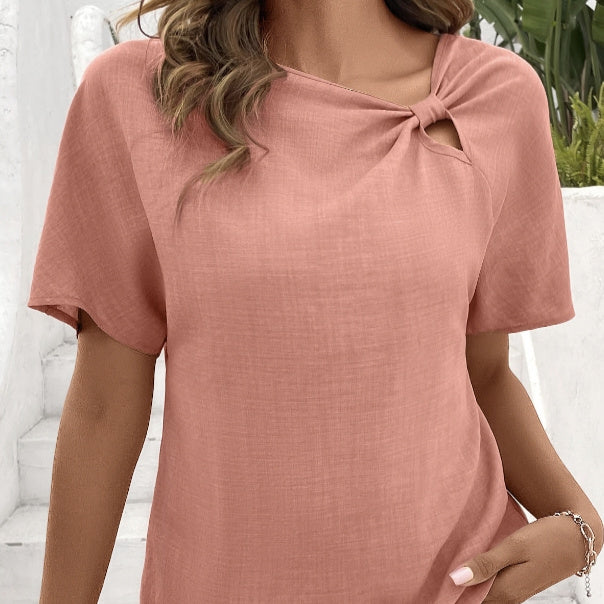 Ladies' Summer New Solid Color Hollow Asymmetrical Collar Fabric Pleated Decorative Details Elegant Style T-shirt