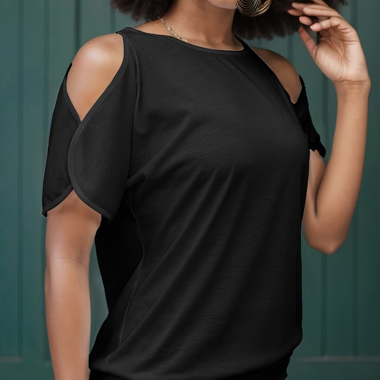 Ladies' Summer Design Off Shoulder Split Sleeve Round Neck Loose Solid Color T-shirt