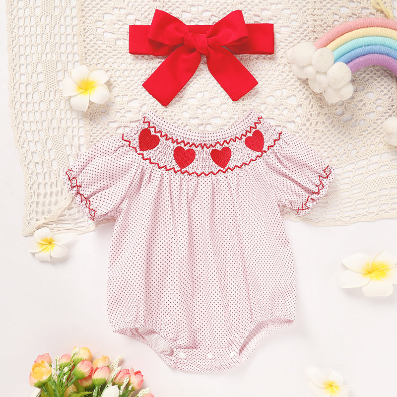 Newborn Baby Girls' Valentine's Day Smocked Romper Short Sleeve Heart Embroidery Jumpsuit Casual Cute Romper