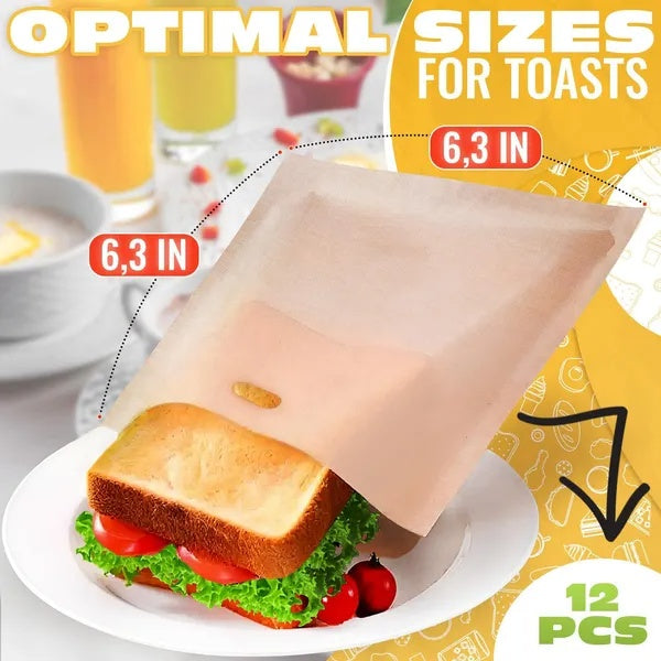 12Pcs Non Stick Toaster Bags Reusable 6.7 X7.5 Inch Grilled Cheese Bags Heat Resistant & Easy To Clean Mess Free Toasting Sandwiches Panini & More Compatible With Toaster Oven Microwave & Grill