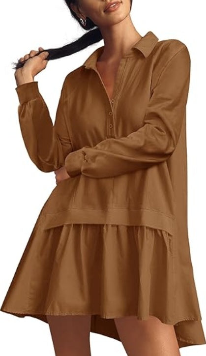 Fisoew Womens Oversized Sweatshirt Dress Long Sleeve V Neck Patchwork Casual Pullover Tops Loose Fit Mini Dresses