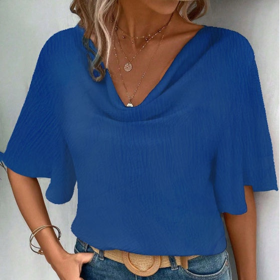Women's Solid Color Hanging Collar Shoulder T-shirt