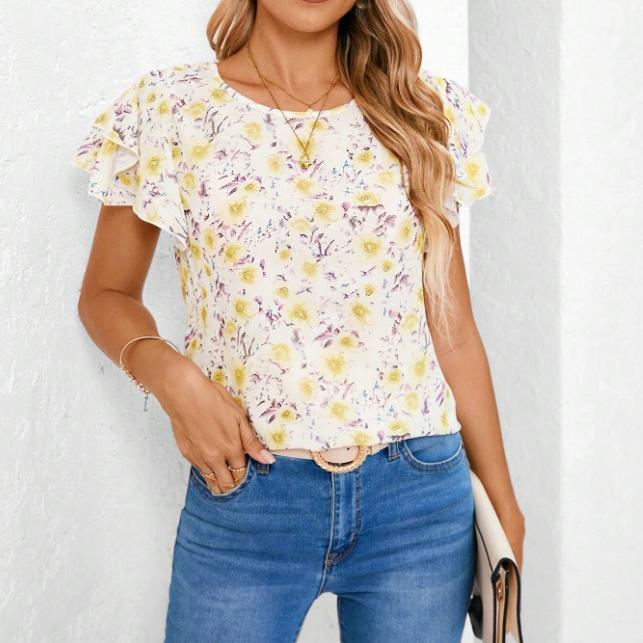 Ladies' Summer New Fashionable Printed Casual Style Pullover, Round Neck Petal Sleeve Vacation Top