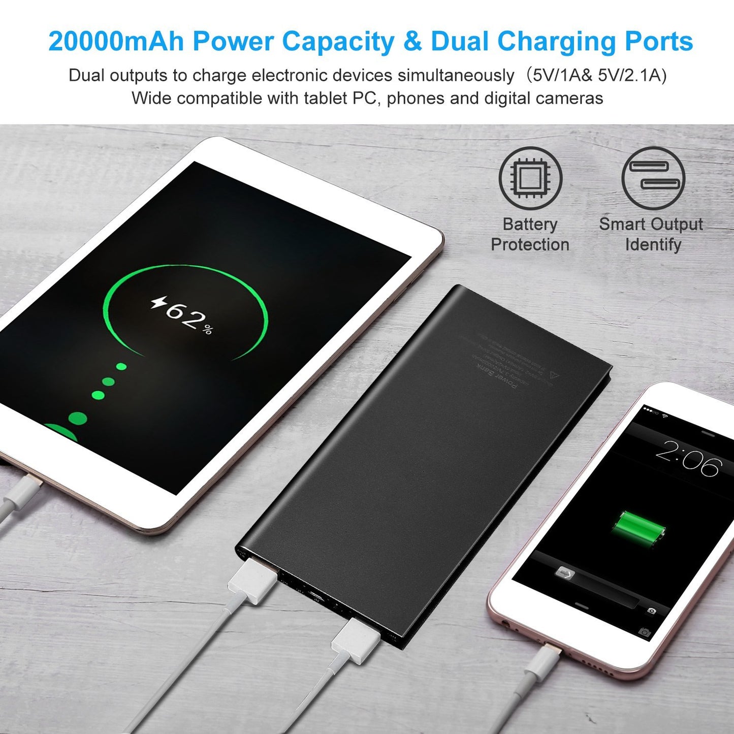 20000mAh Power Bank Ultra-thin External Battery Pack Phone Charger Dual USB Port