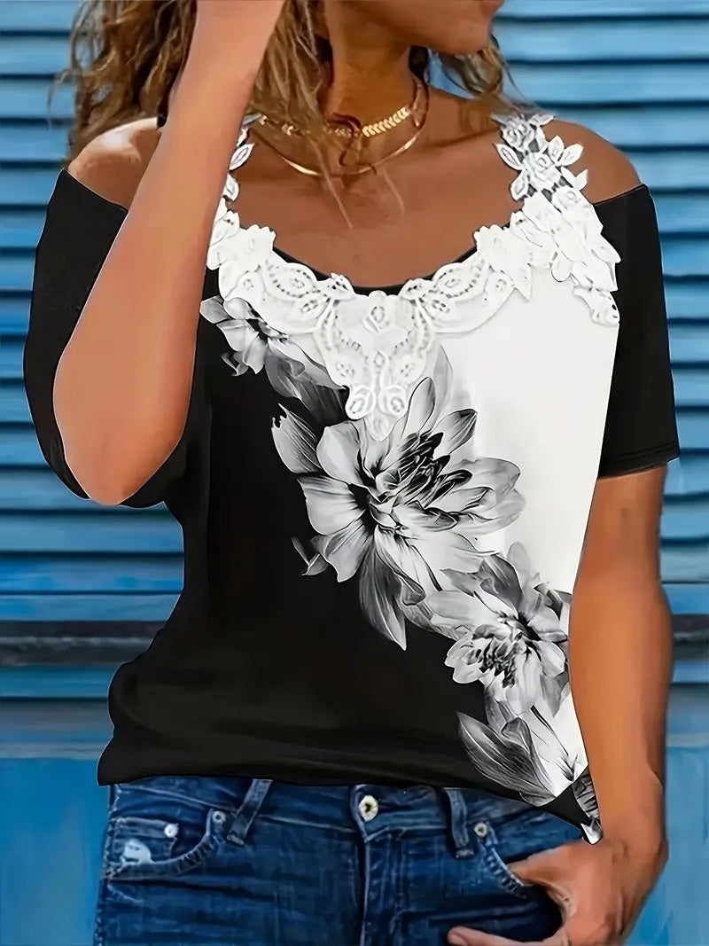 Spring Summer New Floral Print V-neck T-shirt Lace Casual Off-the-shoulder Short-sleeved Top