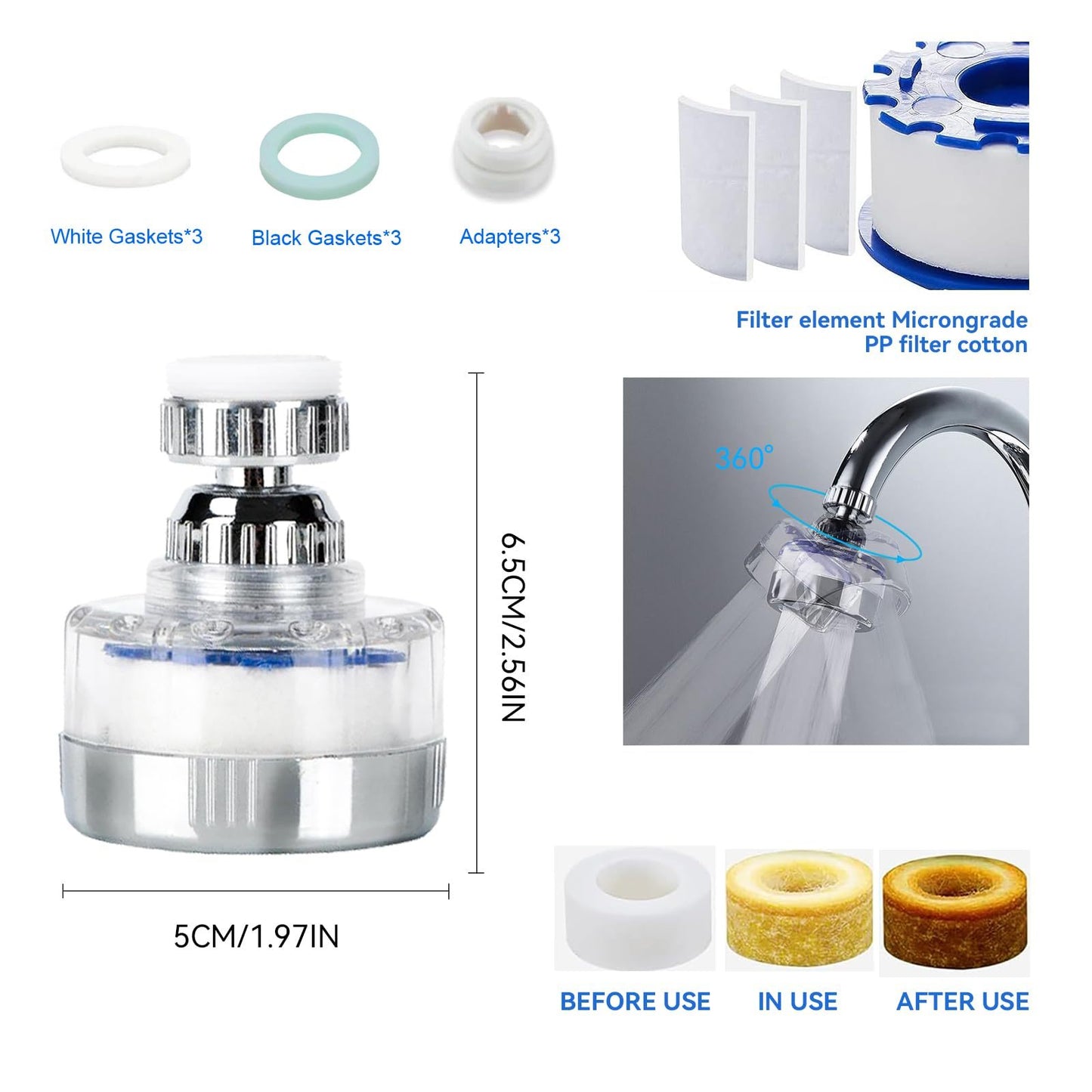 3Pack Universal 360 Degrees Rotating Faucet Water Filter Kit With 6 Replacement Filter For Kitchen & Bathroom Sink