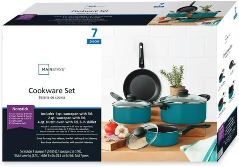 7 Piece Non-Stick Cookware Set Aluminum Teal, Dishwasher Safe