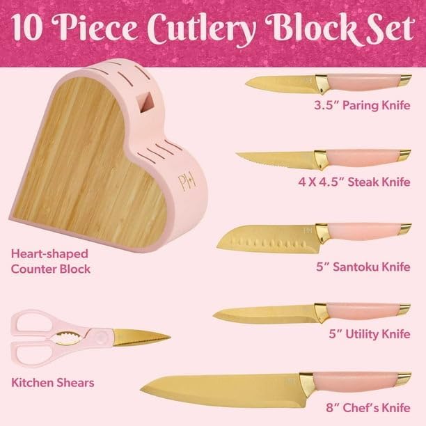 10-Piece Heart-Shaped Stainless Steel Knife Block Set, Pink, Hand Wash Only