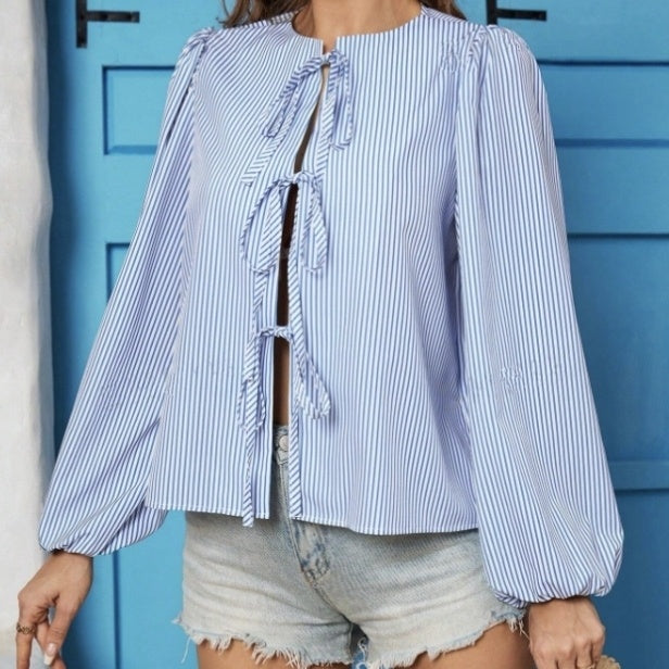 Ladies' Long Sleeved New Fashion Striped Printed Bow Tie Design Vacation Style Shirt