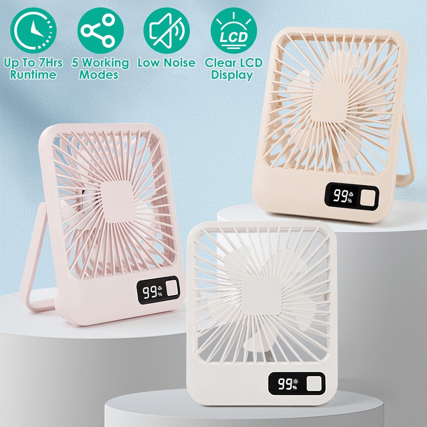 3 Colors Options -- 1Pc Mini Desktop Cooling Fan Rechargeable Battery Powered Personal Fan Speed Adjustment Strong Airflow Quiet Travel Fan With LCD Display For Home Office Travel