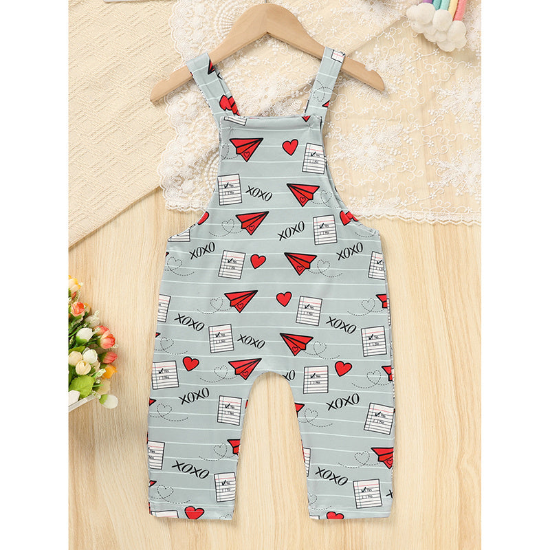 Baby Boy Girl's Casual Heart Pattern Jumpsuit, Paper Airplane Heart Xoxo Trendy Overalls, Valentine's Day Coming Home Outfit