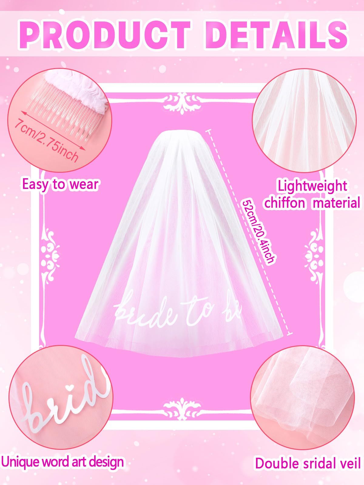 Bride To Be Embroidered Veil Bachelorette Party BachParty Accessory Bride To Be Headband White Bridal Veil Headpiece For Bridal Shower Engagement Party Wedding Bridesmaid Gift,550-8750-M