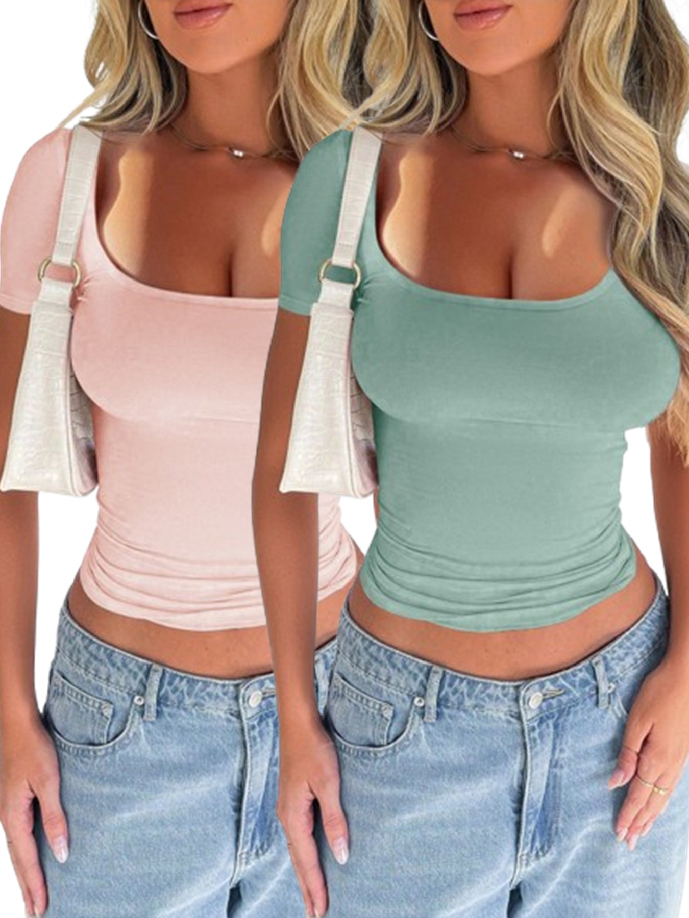 2 Piece Women's T-Shirt Solid Color Y2K Sexy Top Slim Fit Crew Neck Short Sleeves