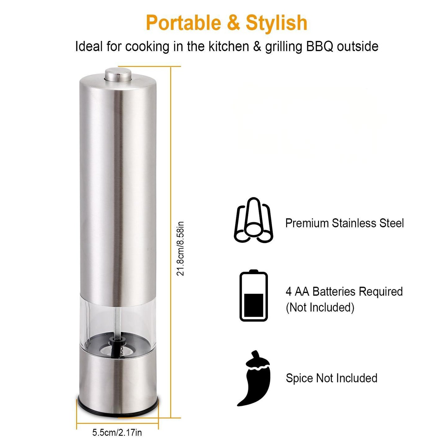 1Pc Electric Salt Pepper Grinder With Light Adjustable Coarseness Stainless Steel Salt Pepper Shaker Battery Operated Pepper Grinder Mill Easy Refill And Clean