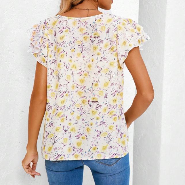 Ladies' Summer New Fashionable Printed Casual Style Pullover, Round Neck Petal Sleeve Vacation Top