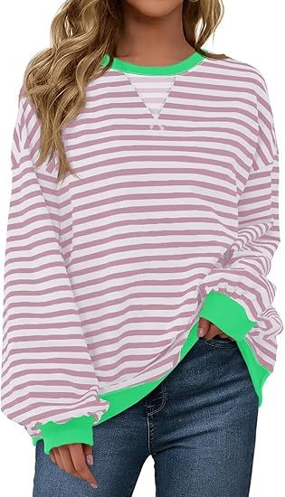 Fisoew Womens Striped Oversized Sweatshirt Color Block Crew Neck Long Sleeve Shirt Casual Loose Pullover Top Y2K Clothes