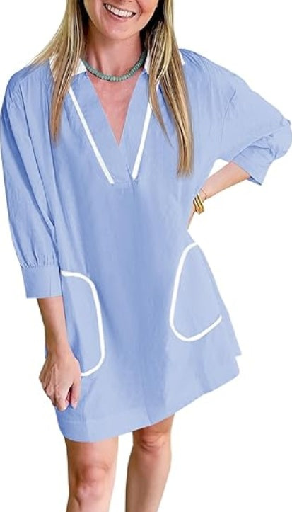 Saodimallsu Womens V Neck Swimsuit Coverup Sleeve Collar Color Block Oversized Cover Ups Mini Beach Dress With Pockets