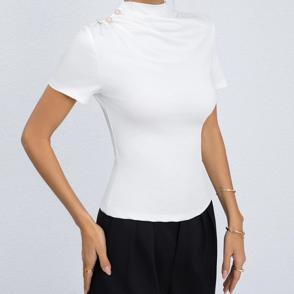 Ladies' Solid Color High Neck Short Sleeved Button Pleated Design Fashionable And Elegant T-shirt