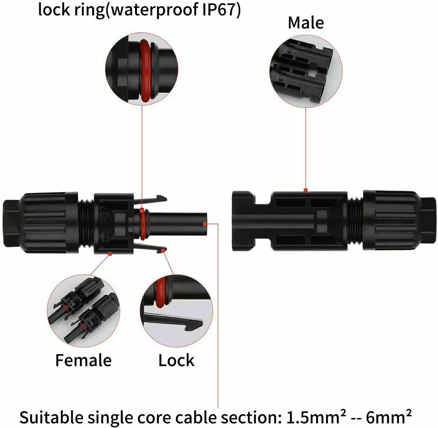 Male Female Solar Cable Connectors For DIY Solar Panel US