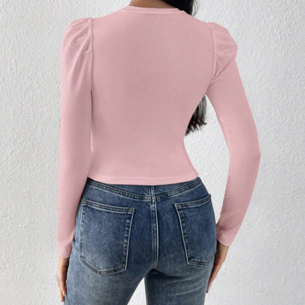 Women's Solid Color Round Neck Slim Fit Figure Enhancing Long Sleeved T-shirt Top