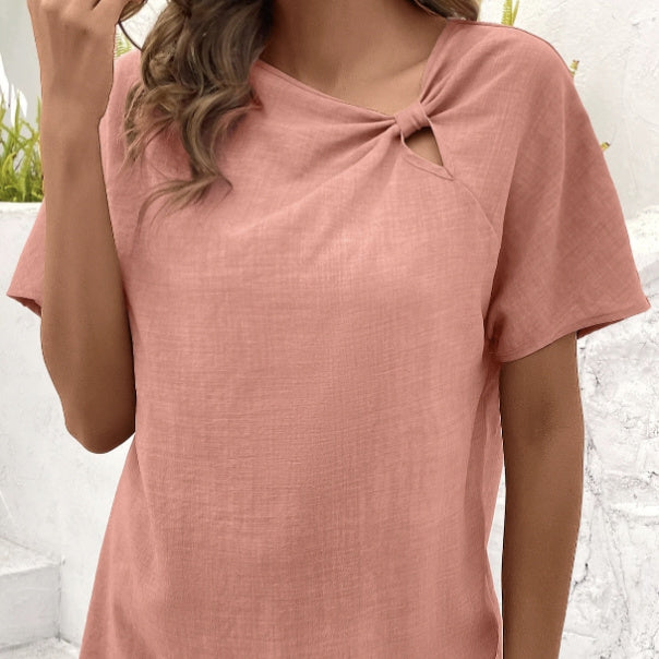 Ladies' Summer New Solid Color Hollow Asymmetrical Collar Fabric Pleated Decorative Details Elegant Style T-shirt