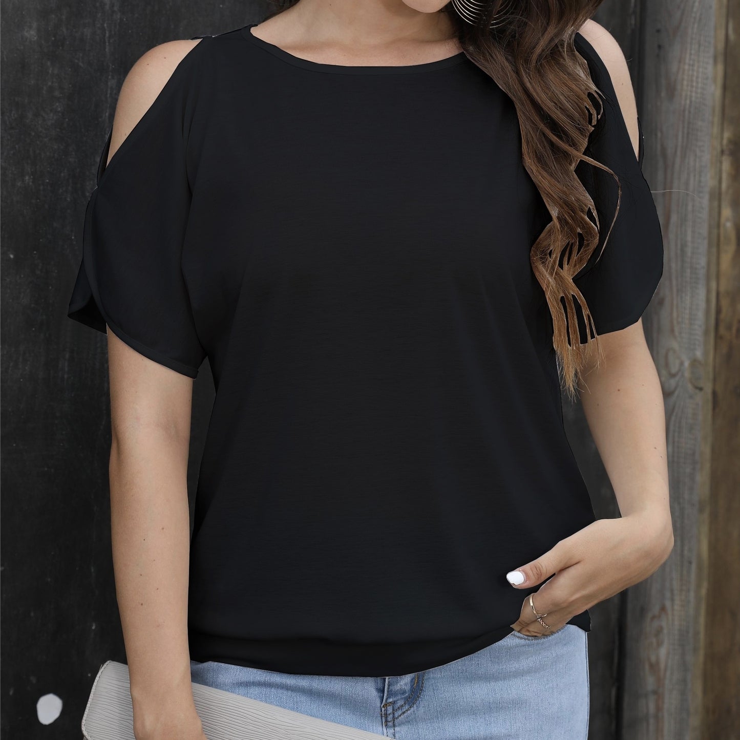 Ladies' Summer Design Off Shoulder Split Sleeve Round Neck Loose Solid Color T-shirt
