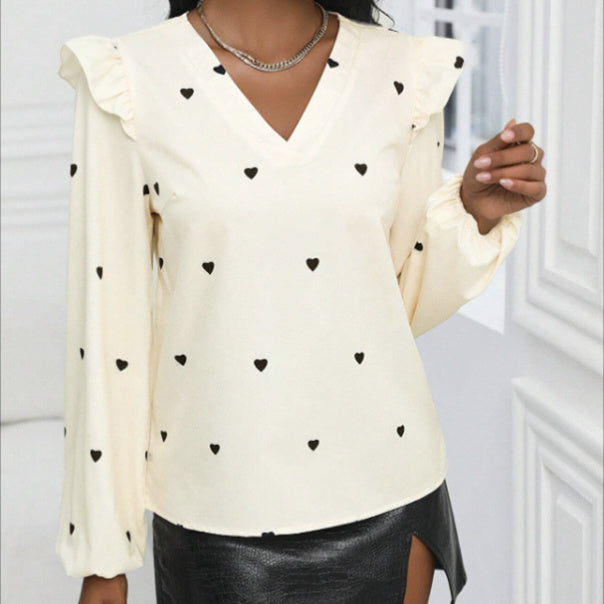 Women's V-neck Heart-shaped Printed Long Sleeved Shirt Top