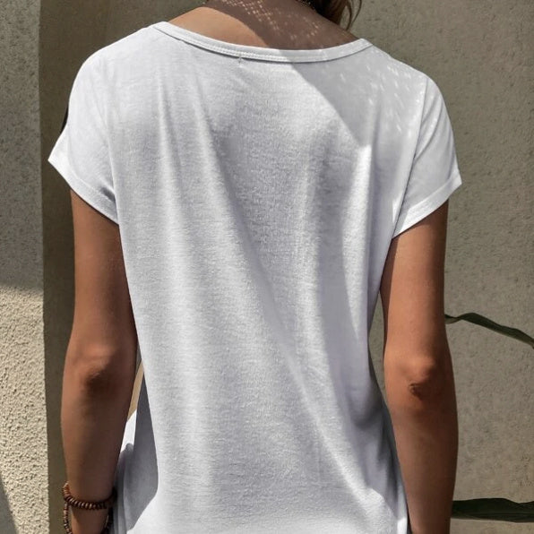 Ladies' Summer Color Blocking Versatile Round Neck Loose Casual Front Short Back Long T-shirt Top