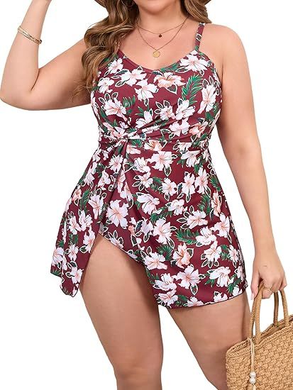 Beautife Womens Plus Size One Piece Swimsuits Tummy Control Swim Dress Floral Print Twist Slit Bathing Suits Swimdress