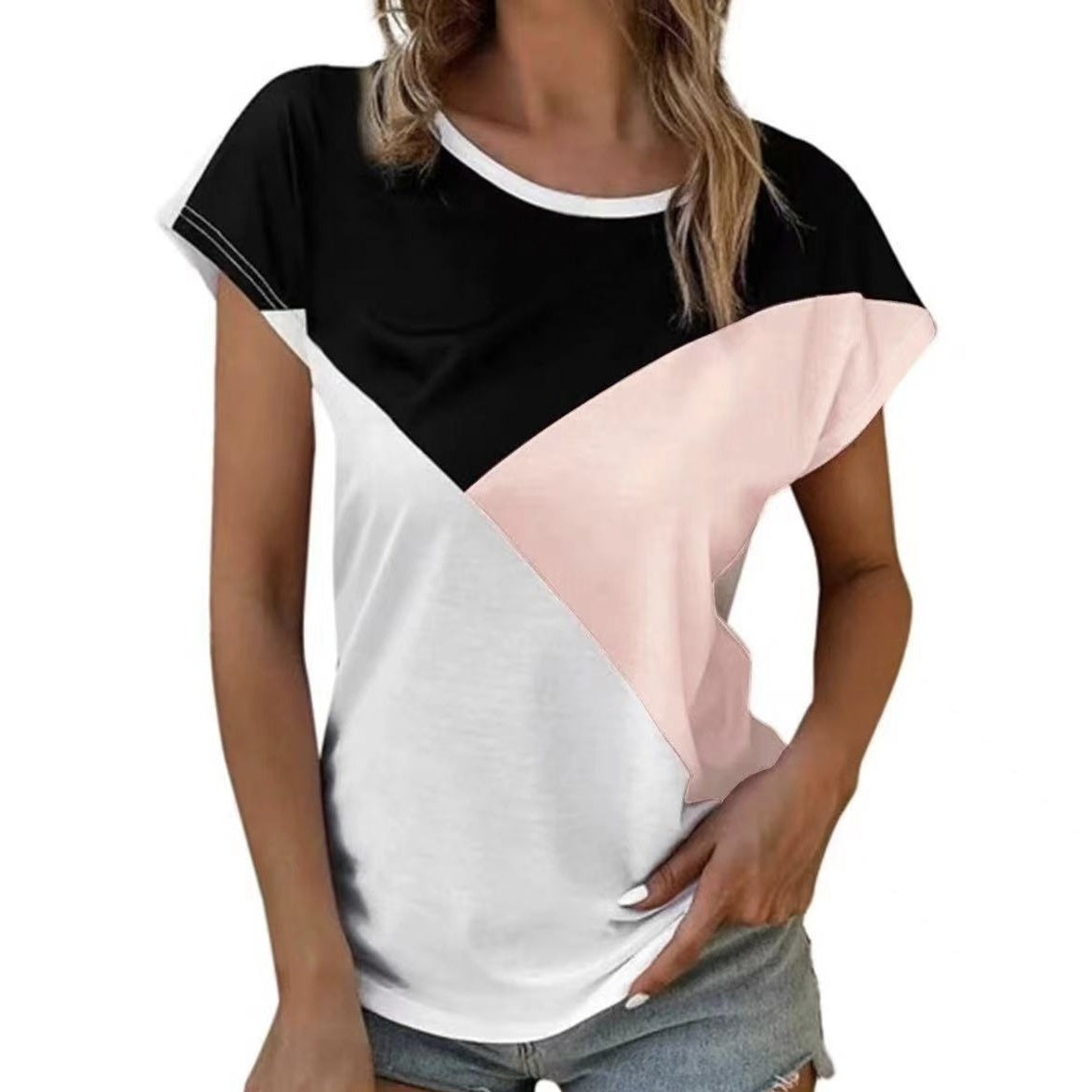 Ladies' Summer Color Blocking Versatile Round Neck Loose Casual Front Short Back Long T-shirt Top