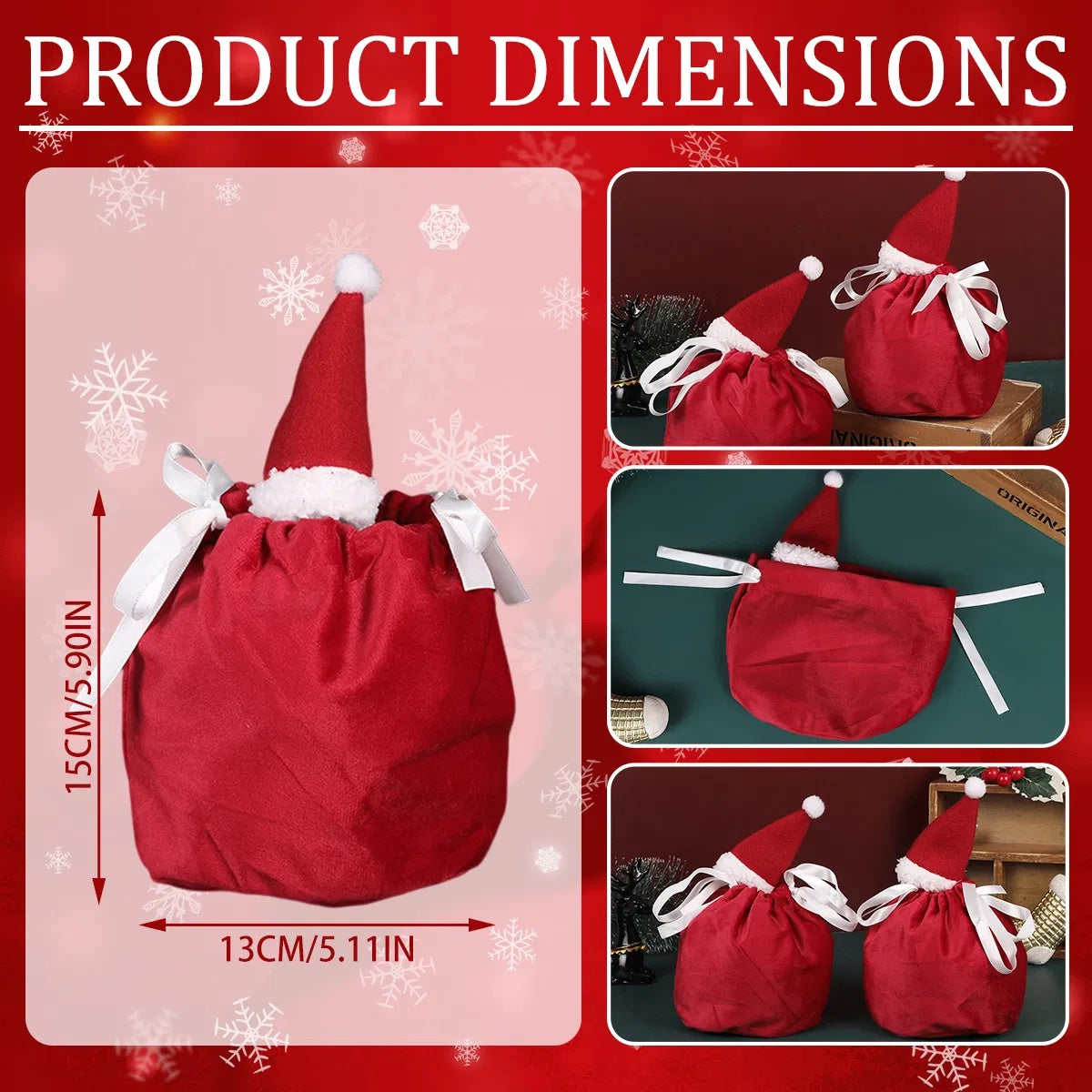 5Pcs Christmas Drawstring Bags Christmas Hat Design Flannel Gift Wrapping Bag Small Goodie Candy Snack Bag Party Favor Treat Pouch Bags For Holiday Birthday Xmas New Year Wedding Party Supplies