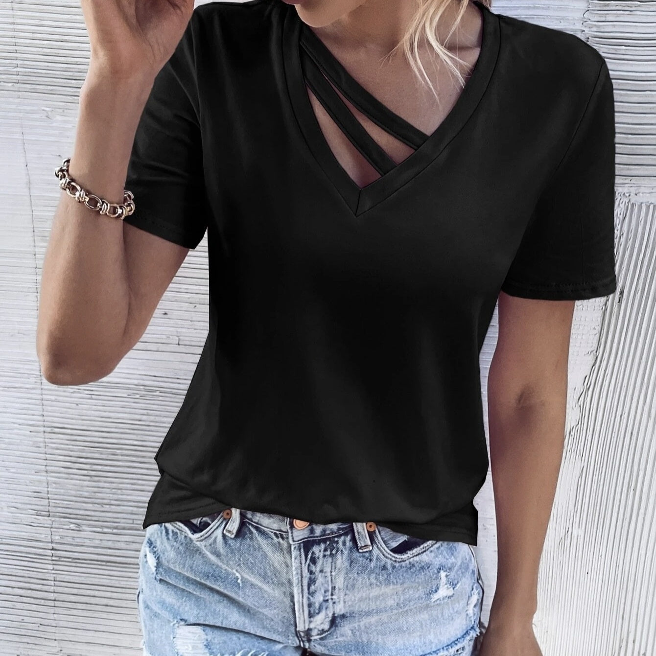 Women's Solid Color Collar Design T-shirt V-neck Casual Top