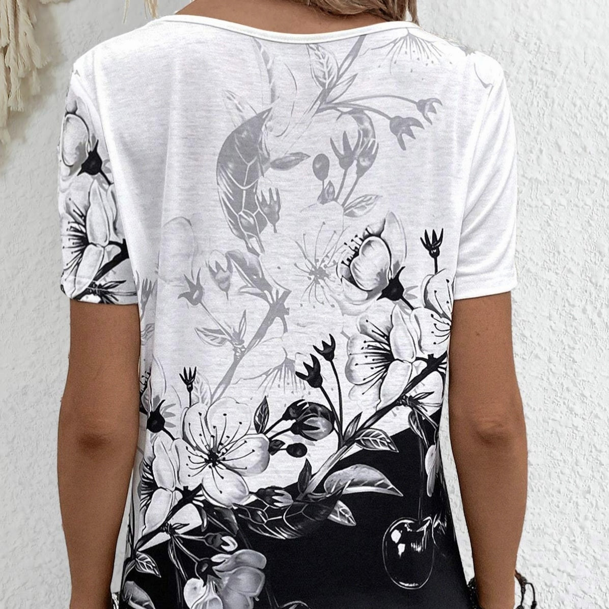 Ladies' Flower Print Asymmetrical Sloping Shoulder Collar Casual T-shirt Top