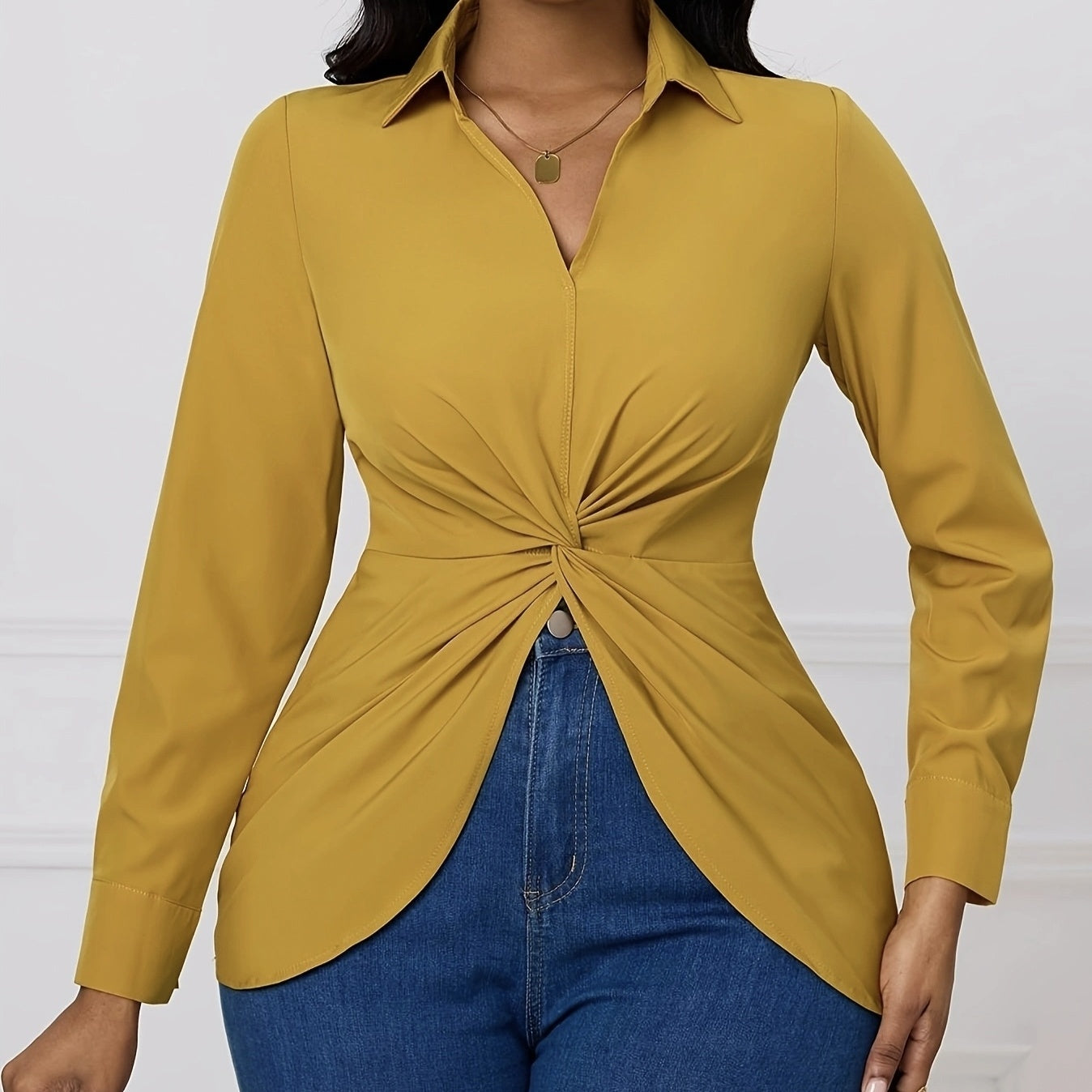 Women's Solid Color V-neck Knot Design Long Sleeved Shirt Top