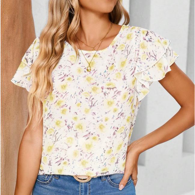 Ladies' Summer New Fashionable Printed Casual Style Pullover, Round Neck Petal Sleeve Vacation Top