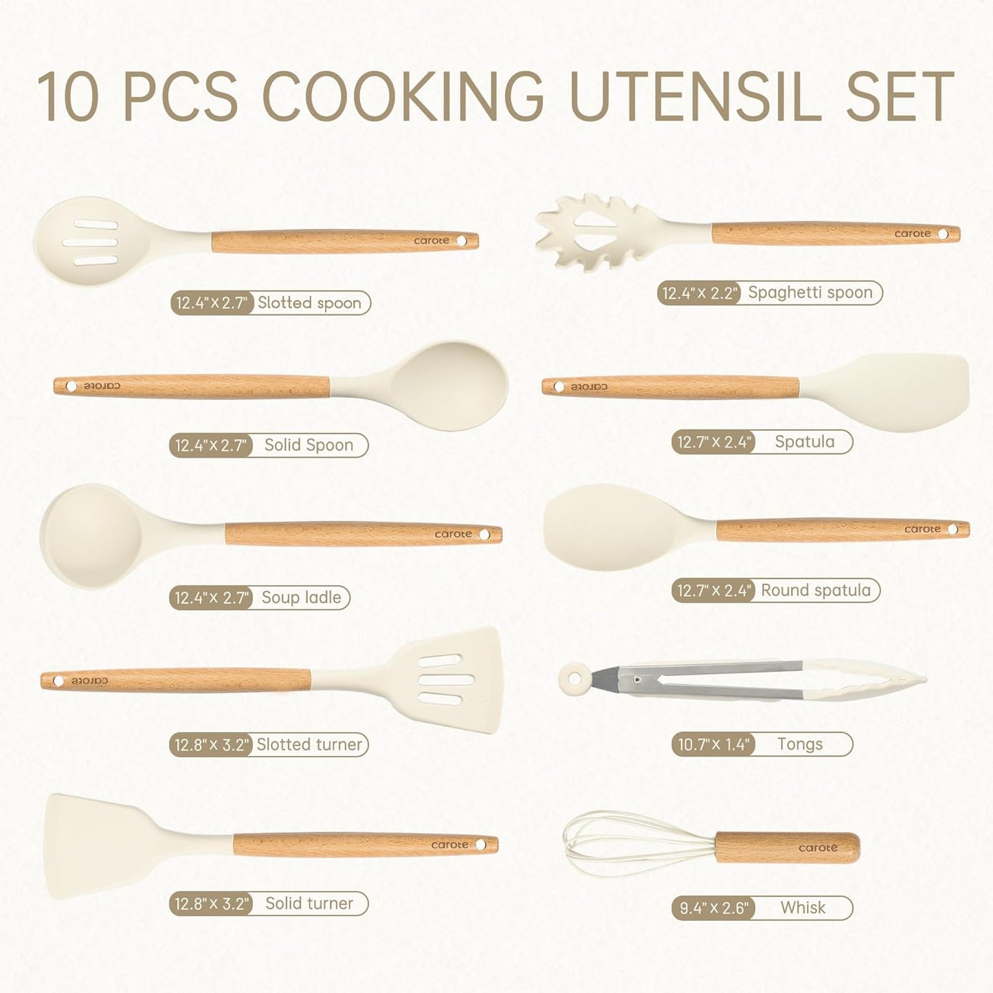 CAROTE 10 Pcs Silicone Cooking Utensils Set for Kitchen with Wooden Handle