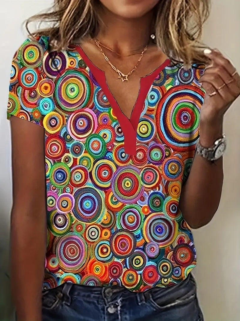 New V-neck Red Candy Print Short Sleeve T-shirt Loose Casual Top For Summer