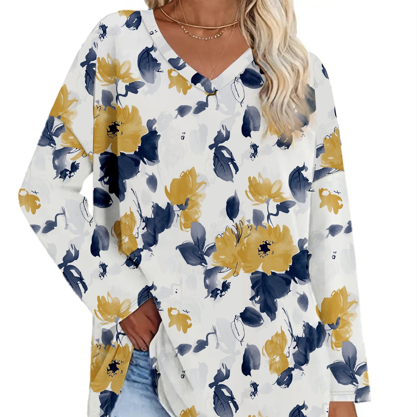 Ladies' Loose Solid Flower Print Casual Long Sleeved V-neck Casual Daily T-shirt Top