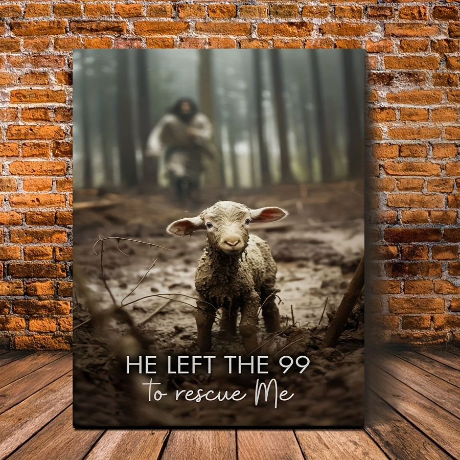 1 Piece Canvas Painting With Wood Frame, Ready To Hang, He Left 99 Sheep To Save Me, Man And Lost Sheep, Christian Wall Art, Framed Mural Print, Suitable For Living Room And Bedroom, Home Decor