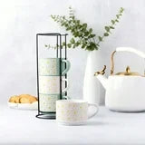 Thyme & Table White 4 Pack Stacking White and Green Floral Mugs 11.1 fl oz, Stoneware