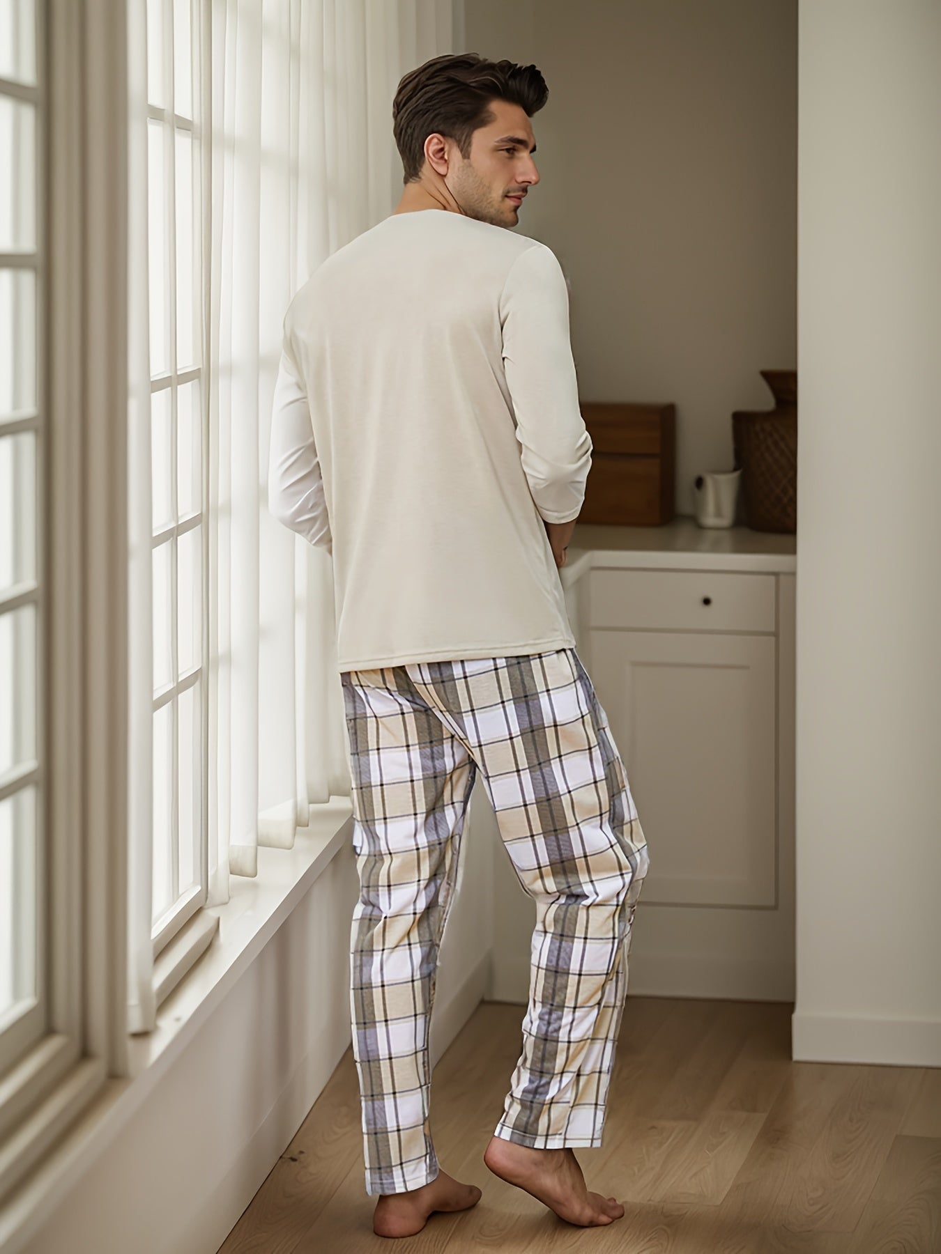 Polyester Long Sleeve Trousers Men's Pajama Set
