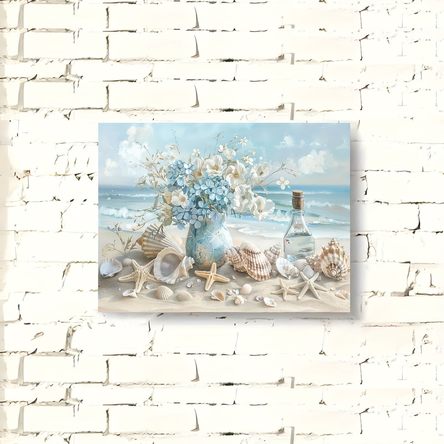 1 Piece Framed Wooden Canvas Painting, One Piece Blue Vase Floral Canvas Print, Wooden Frame Wall Art, Shell And Ocean Theme, Home And Office Decor, Suitable For Living Room, Bedroom, Kitchen, School