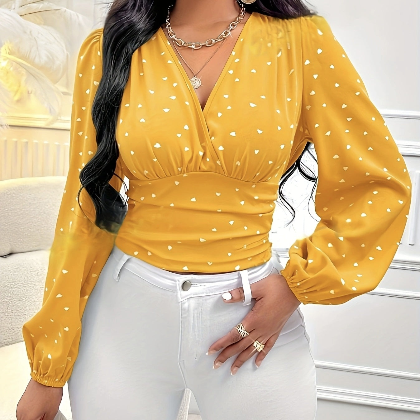 Ladies' Fashionable And Elegant Solid Color Polka Dot Long Sleeved Shirt Top