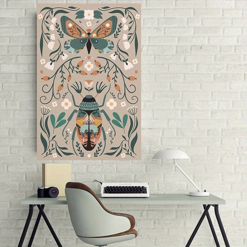 1pcs Modern Classic Wood Frame Canvas Wall Decor With Plant Flower & Butterfly Print, Girls Bedroom Wrap Canvas Painting, Animal Nature Digital Art, Realism Mid-Century Bohemian Collegiate Room Decor