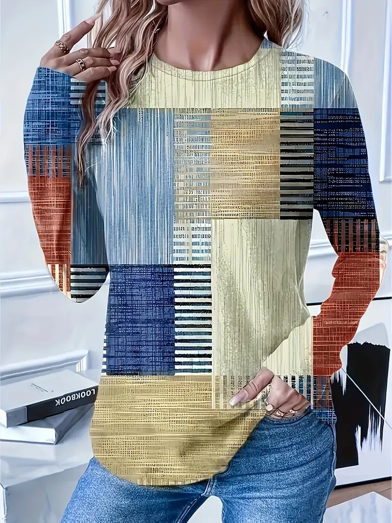 Women's Casual Check Print Long-sleeved T-shirt