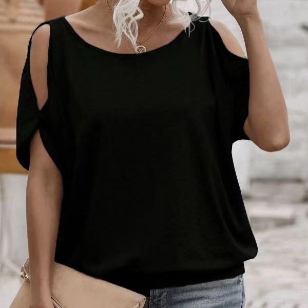 Ladies' Summer Design Off Shoulder Split Sleeve Round Neck Loose Solid Color T-shirt
