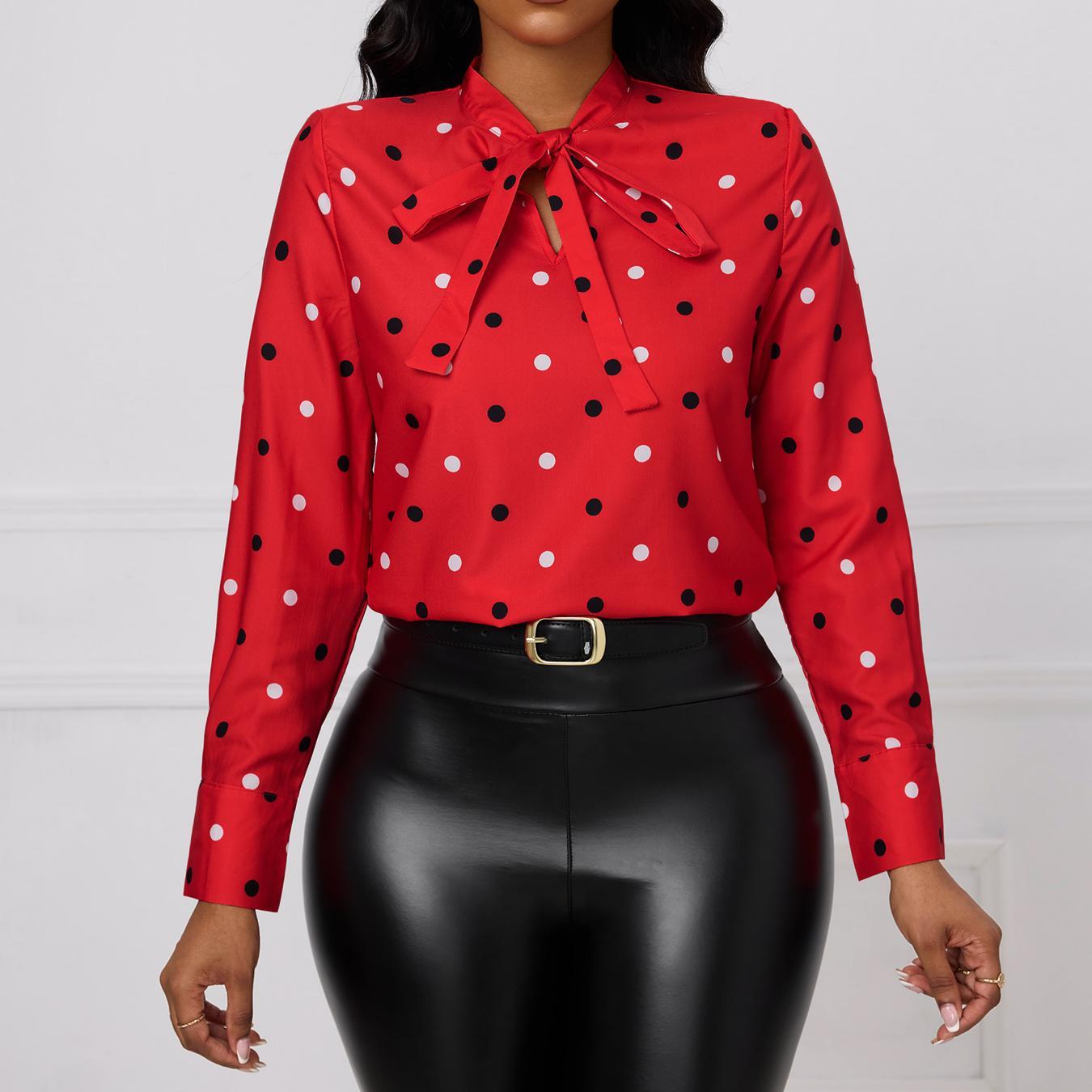 Ladies' Fashionable And Elegant Printed Polka Dot Solid Color Long Sleeved Shirt Top With Elegant Orientation