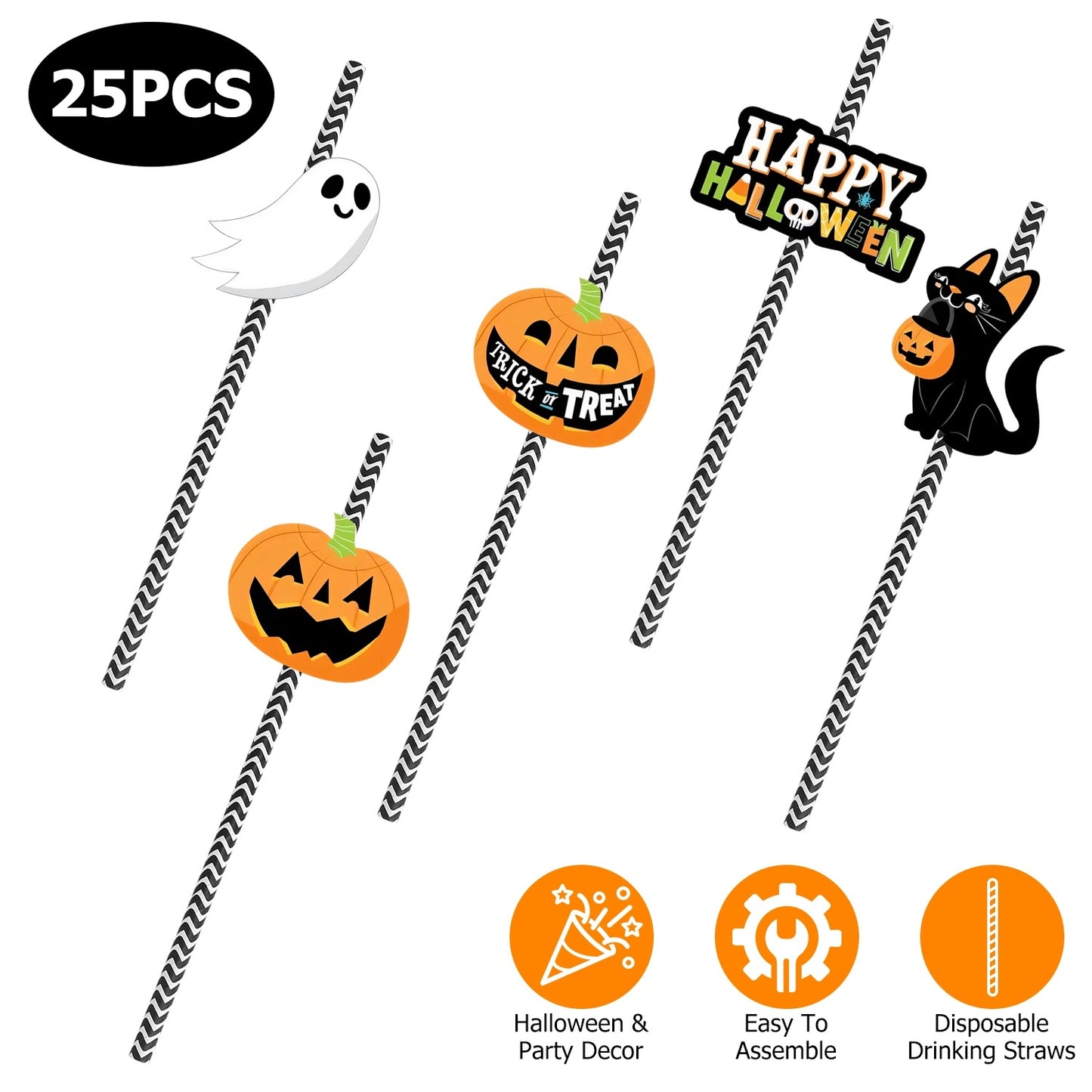 Set Of 25Pcs Halloween Party Striped Decorative Straws Disposable Drinking Straws Paper Straw Decor Happy Halloween Ghost Lantern Black Cat Halloween Party Supplies